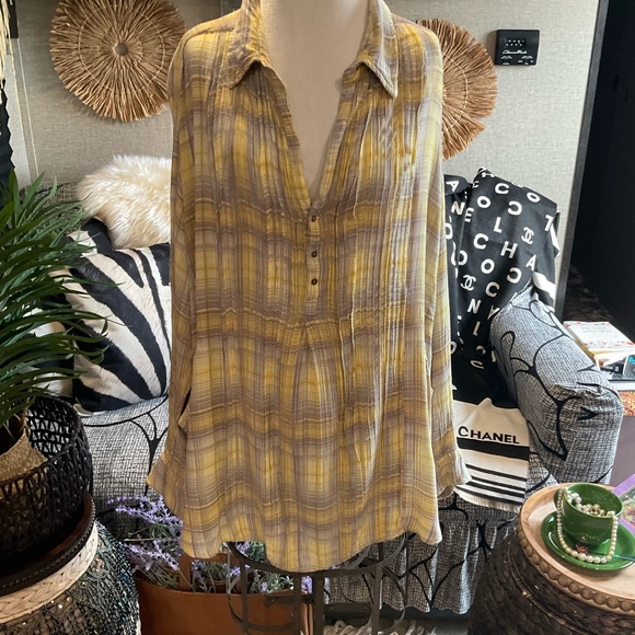 Fp One Tops - Free People One Yellow and Gray Plaid Women's Tunic M
